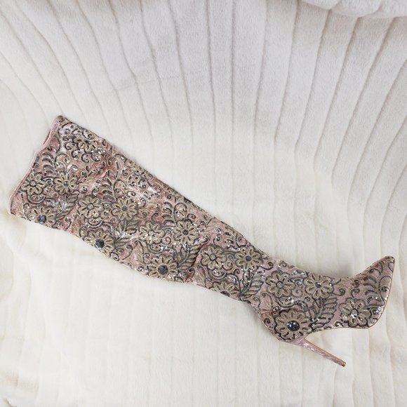 Weeboo Shoes - Pink Velvet Floral Embroidered Sequin OTK Boots